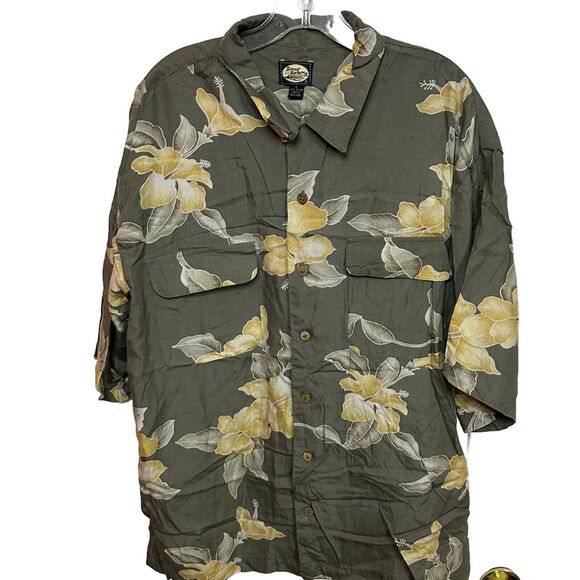 Tommy Bahama | Men's XL | Rayon Gray with Yellow Hibiscus Flower Hawaiian Shirt - Picture 1 of 7